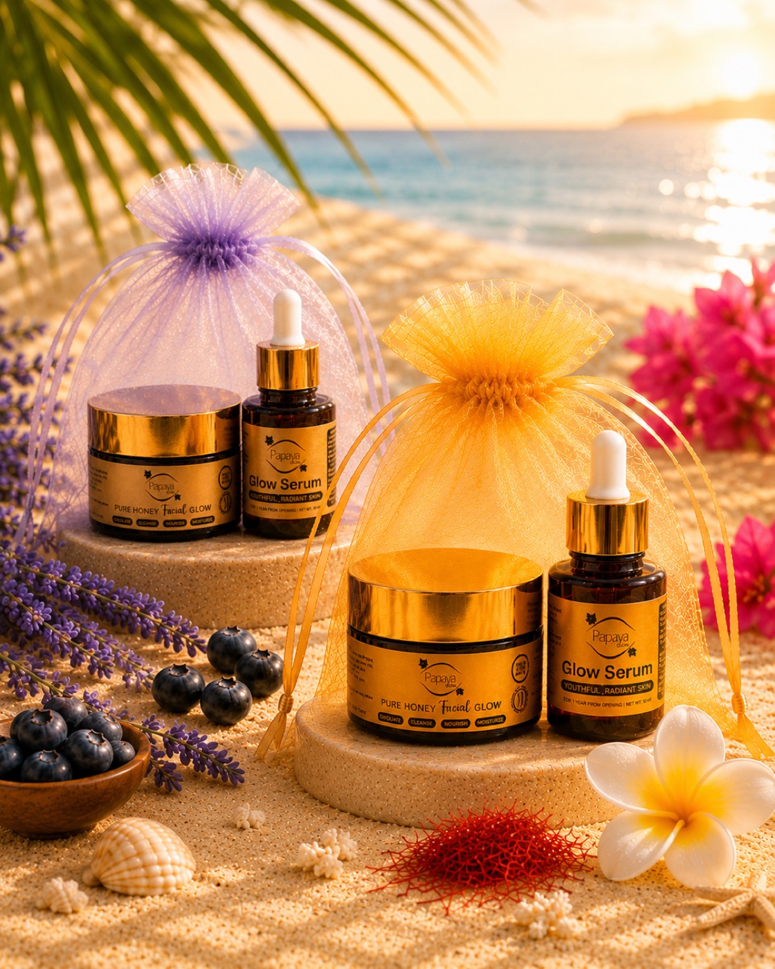 Papaya Glow Summer Bundle — Pure Honey Facial Glow and Glow Serum in organza gift bags on a sunset beach